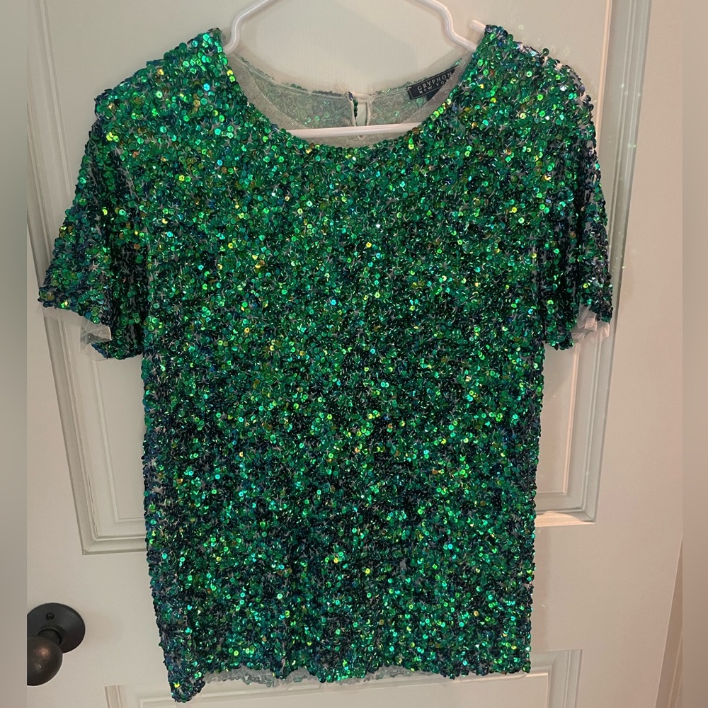 Gryphon green emerald iridescent sequin top mesh size S great condition